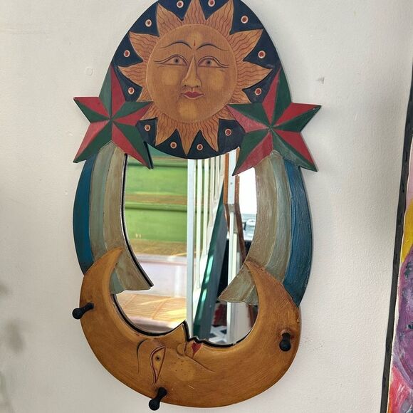 Vintage 23" Boho Celestial Wood Wall Mirror Moon Sun Stars Hand Painted Preowned - Picture 2 of 12